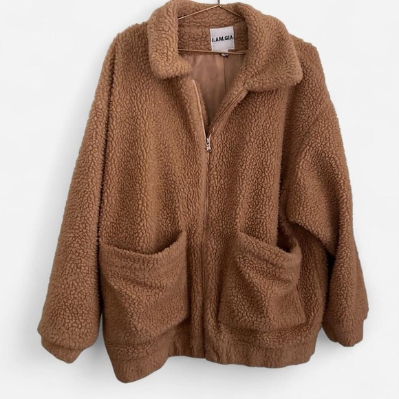 I.AmGia pixie brown Caramel Tan Sherpa Blogger zip up pocket front teddy coat - Picture 4 of 6